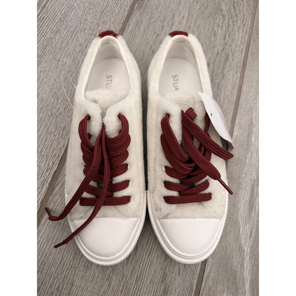Stuart Weitzman Ollie Faux Shearling Low Top Sneakers White Burgundy US 6.5 NEW